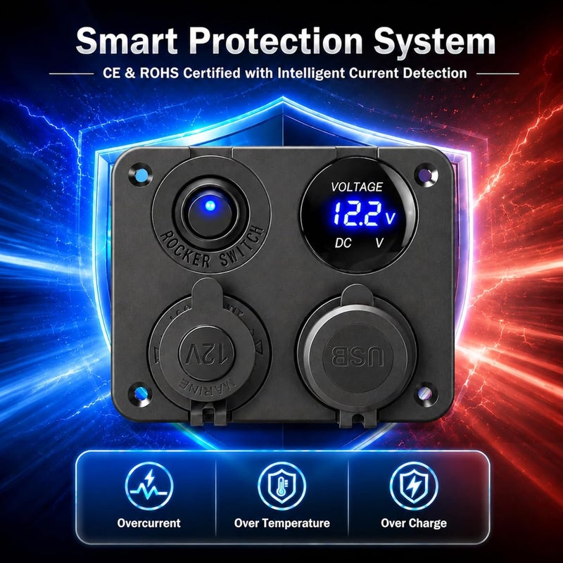 LinkStyle 4 in 1 Charger Panel with Dual USB Power Outlet, LED Voltmeter, Cigarette Lighter Socket, and Rocker Toggle Switch for Car and Marine Use - Image 3