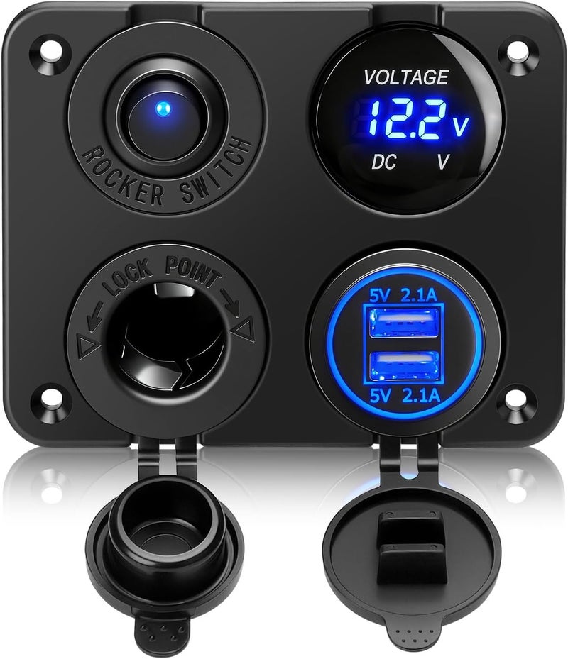 LinkStyle 4 in 1 Charger Panel with Dual USB Power Outlet, LED Voltmeter, Cigarette Lighter Socket, and Rocker Toggle Switch for Car and Marine Use - Image 1