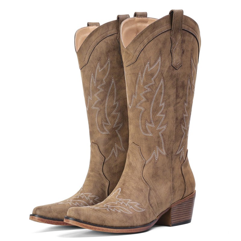 IUV Botas Vaqueras para Mujer Cowboy Boots for Women Mid Calf Cowgirl Western Boots with Embroidery, Retro Snip Toe with Chunky Heel, Summer Country Music Festival Cowboy Chic - Image 1