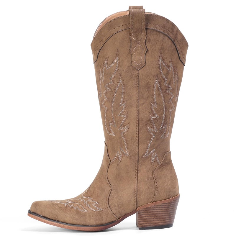 IUV Botas Vaqueras para Mujer Cowboy Boots for Women Mid Calf Cowgirl Western Boots with Embroidery, Retro Snip Toe with Chunky Heel, Summer Country Music Festival Cowboy Chic - Image 4