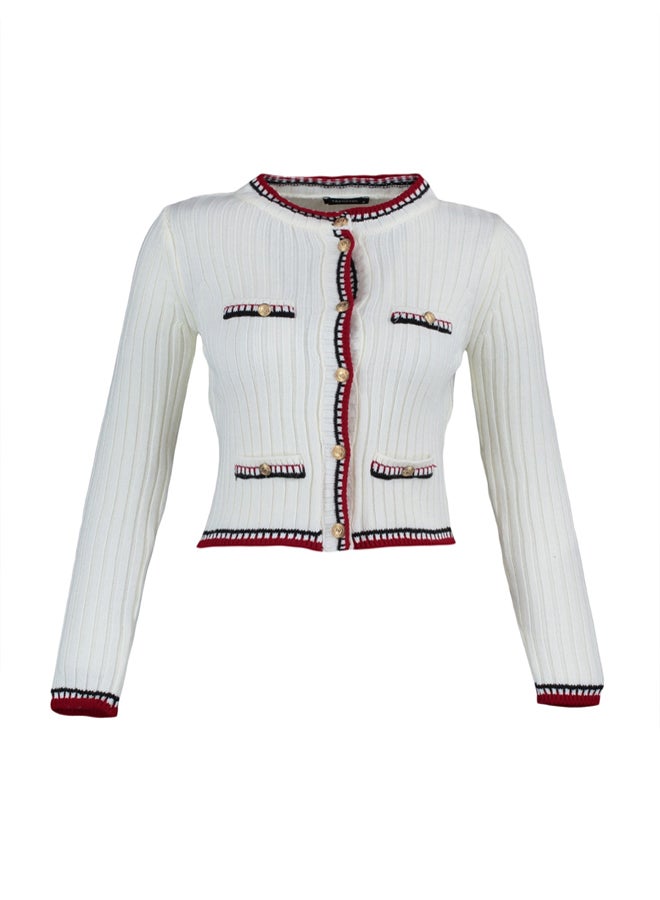 trendyol Ecru Knitwear Crop Cardigan  Color Blocked, Jacket Look - Image 5