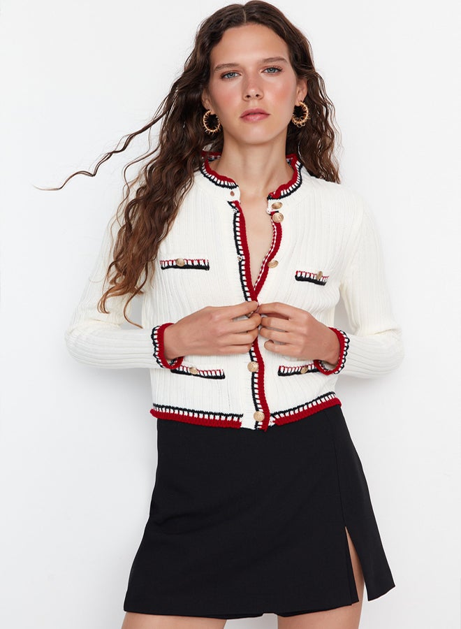 trendyol Ecru Knitwear Crop Cardigan  Color Blocked, Jacket Look - Image 3