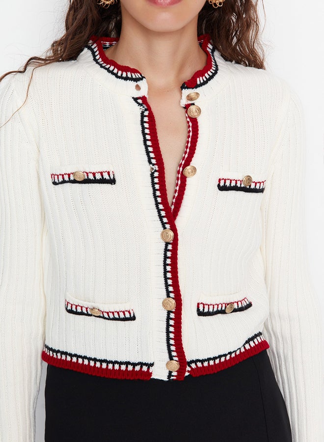 trendyol Ecru Knitwear Crop Cardigan  Color Blocked, Jacket Look - Image 4