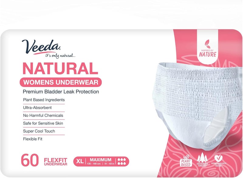 Veeda Veeda Natural Adult Incontinence Underwear for Women - Postpartum Underwear for Bladder Leakage Protection - Disposable Underwear with Maximum Absorbency - X-Large Size - 60 Count 