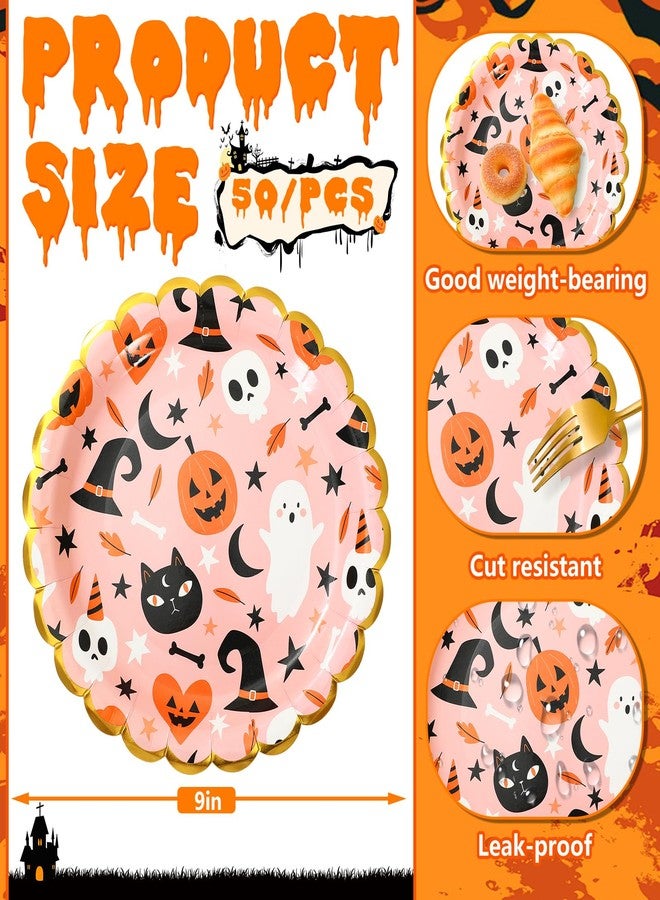 JarThenaAMCS 50Pcs Halloween Scalloped Paper Plates 9 Inch Gold Foil Disposable Dinner Plates for Halloween Birthday Party Supplies - Image 2