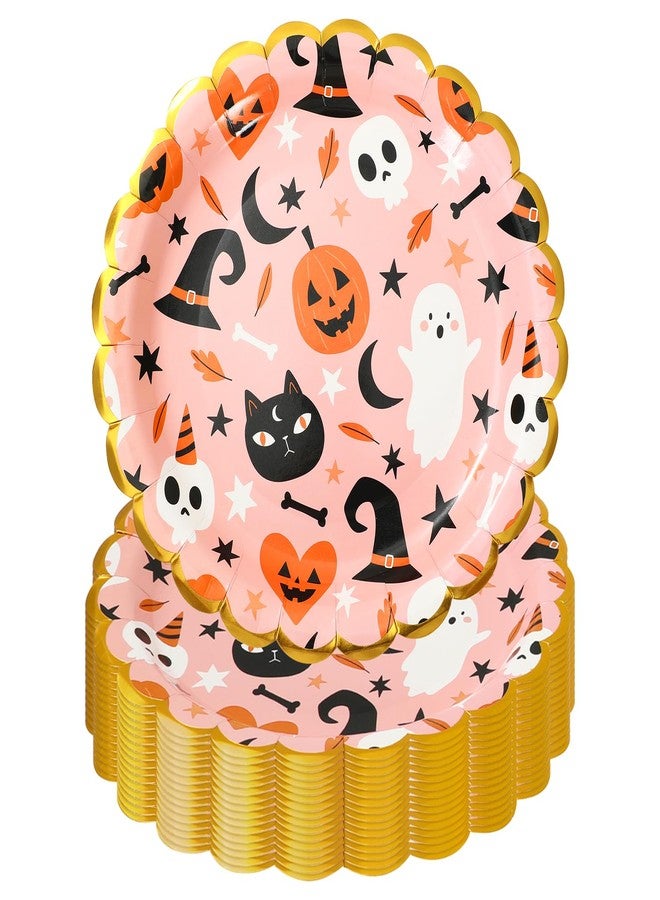 JarThenaAMCS 50Pcs Halloween Scalloped Paper Plates 9 Inch Gold Foil Disposable Dinner Plates for Halloween Birthday Party Supplies - Image 1