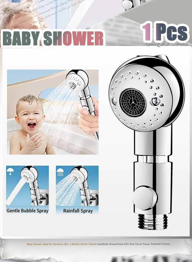 Baby Shower Head for Sensitive Skin, 2 Modes Gentle Stream Handheld Showerhead with One-Touch Pause, Polished Chrome - Image 1