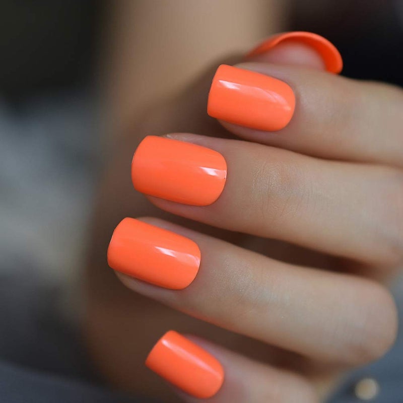 EchiQ Neon Fake Nails Short for Daily Wear Square Natural Shape Glossy Gel Nails Orange Pink Simple Tips with Adhesive
