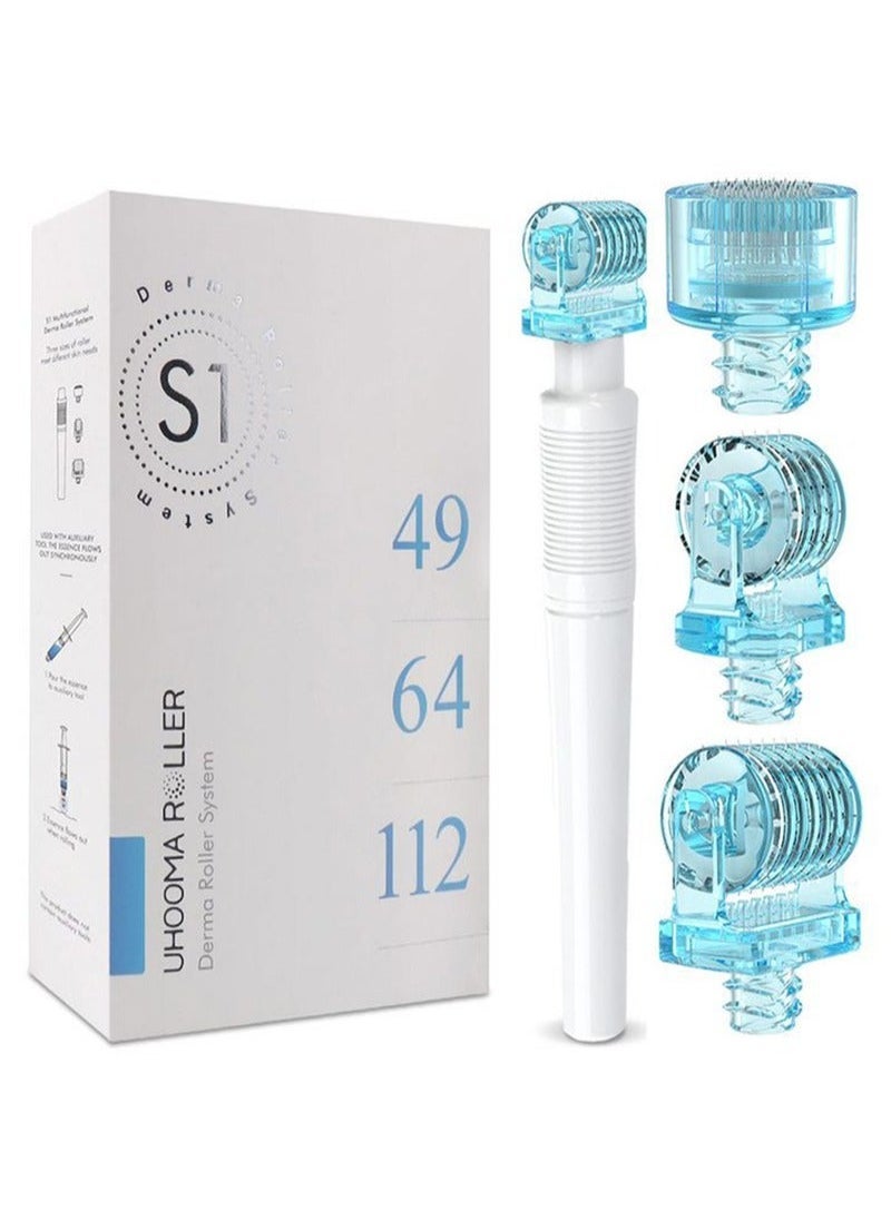 UHOOMA - 3 in 1 Derma Roller Mesotherapy 49 Needles, 64 Needles, 112 Head Microneedles for Skin Treatment, Collagen Stimulation, Anti-motor Acne and Shrinkage Face Lift - 0.25mm - Image 1