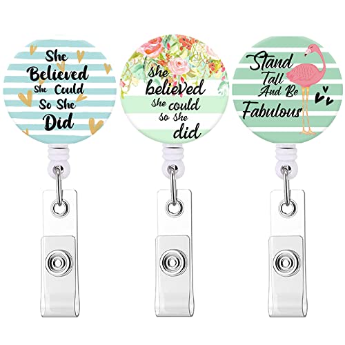 COUKASO Badge Reel Retractable Nurse Badge Holder Cute Name Decorative Badge Reels with Clip on ID Card Holders (3 Pack She Believed She Could So She Did) - Image 1