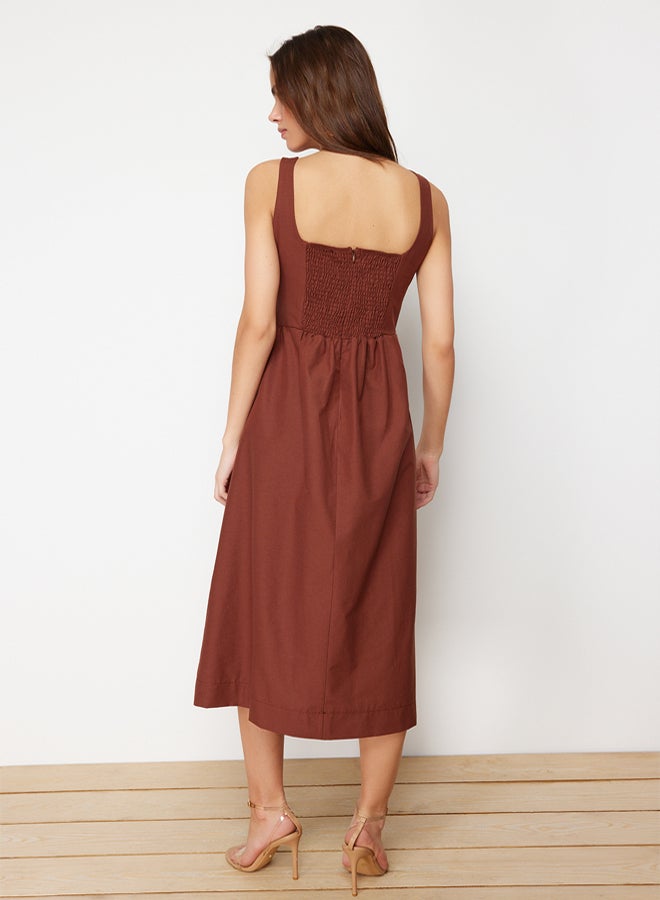 trendyol Brown Waist Opening Midi Corset Stitching Detail Midi Woven Dress - Image 5