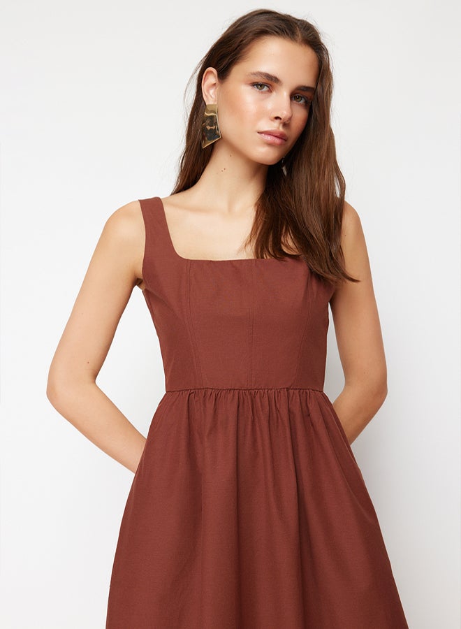 trendyol Brown Waist Opening Midi Corset Stitching Detail Midi Woven Dress - Image 3