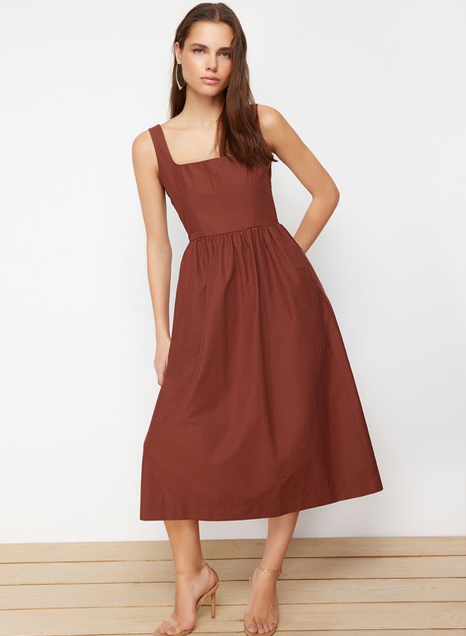 trendyol Brown Waist Opening Midi Corset Stitching Detail Midi Woven Dress - Image 2