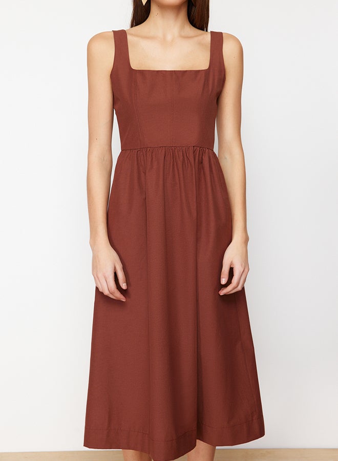 trendyol Brown Waist Opening Midi Corset Stitching Detail Midi Woven Dress - Image 4