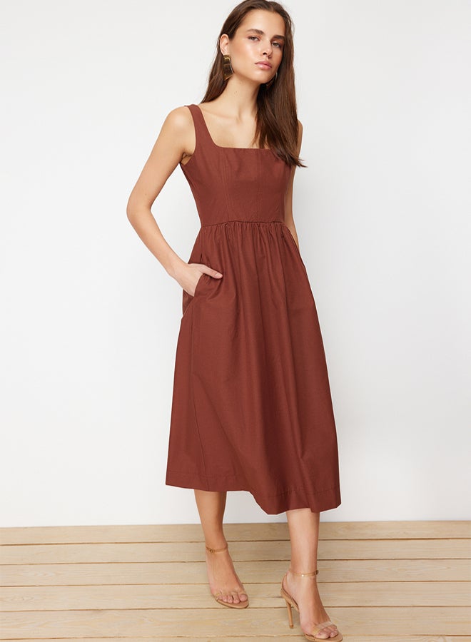 trendyol Brown Waist Opening Midi Corset Stitching Detail Midi Woven Dress - Image 1
