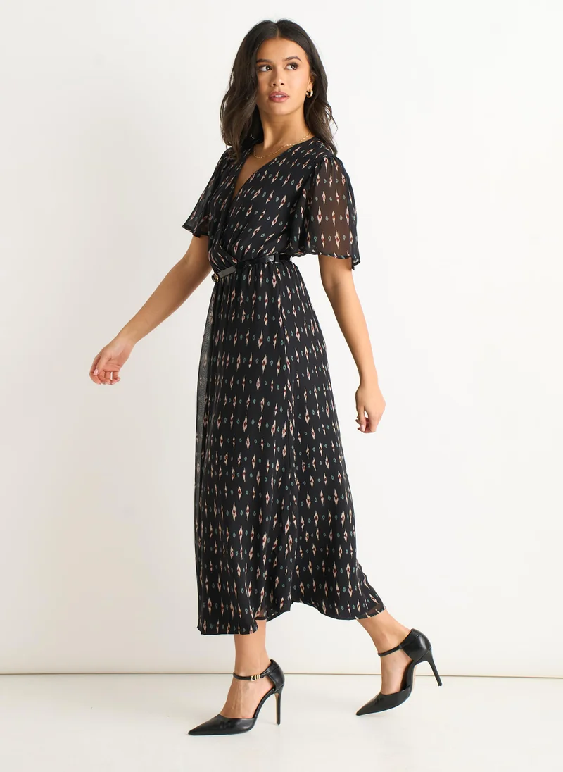 Gini London  Black Silk Geo Print Midi Dress for Women | Best Price UAE