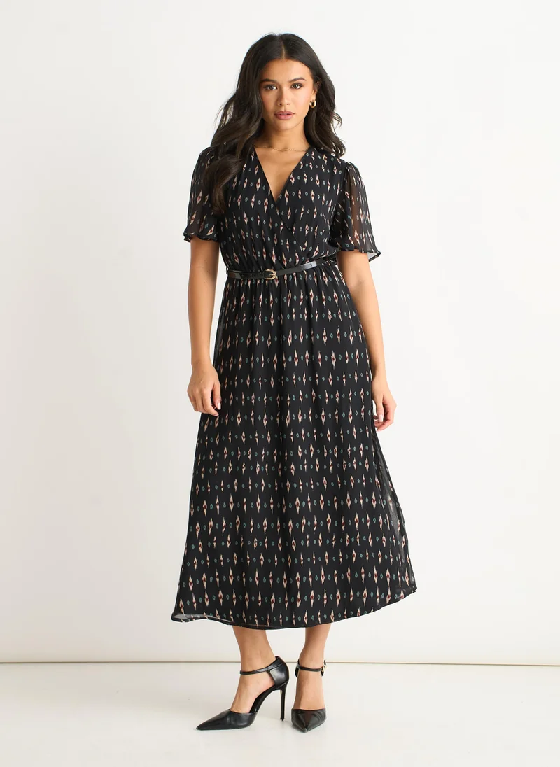 Black Silk Geo Print Midi Dress