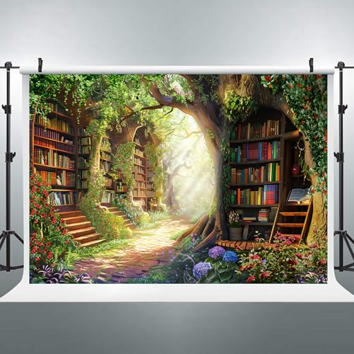 Riyidecor Fairy Library Backdrop Polyester Fabric Enchanted Woodland Bookshelf Green Garden Book Tree Floral Plant Kid 7Wx5H Feet Photography Background Birthday Baby Shower Photo Studio Shoot - Image 4