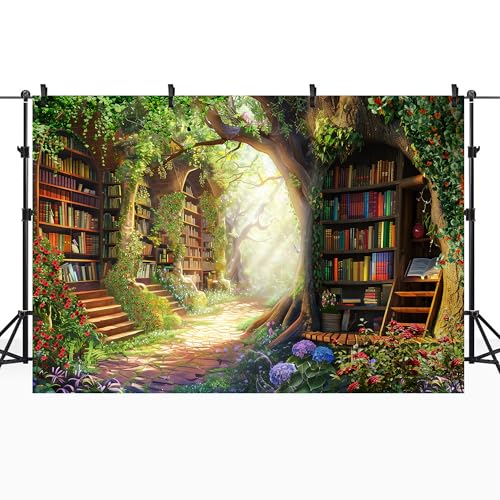 Riyidecor Fairy Library Backdrop Polyester Fabric Enchanted Woodland Bookshelf Green Garden Book Tree Floral Plant Kid 7Wx5H Feet Photography Background Birthday Baby Shower Photo Studio Shoot - Image 5