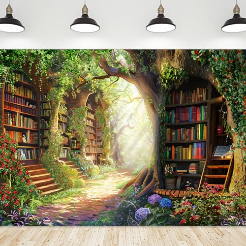 Riyidecor Fairy Library Backdrop Polyester Fabric Enchanted Woodland Bookshelf Green Garden Book Tree Floral Plant Kid 7Wx5H Feet Photography Background Birthday Baby Shower Photo Studio Shoot - Image 1