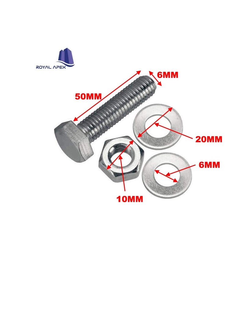 12 pcs Hex Head Screw Bolts Nuts & Washers Fully Thread GI Plain Finish Bolt Set. (6, 50MM) - Image 3