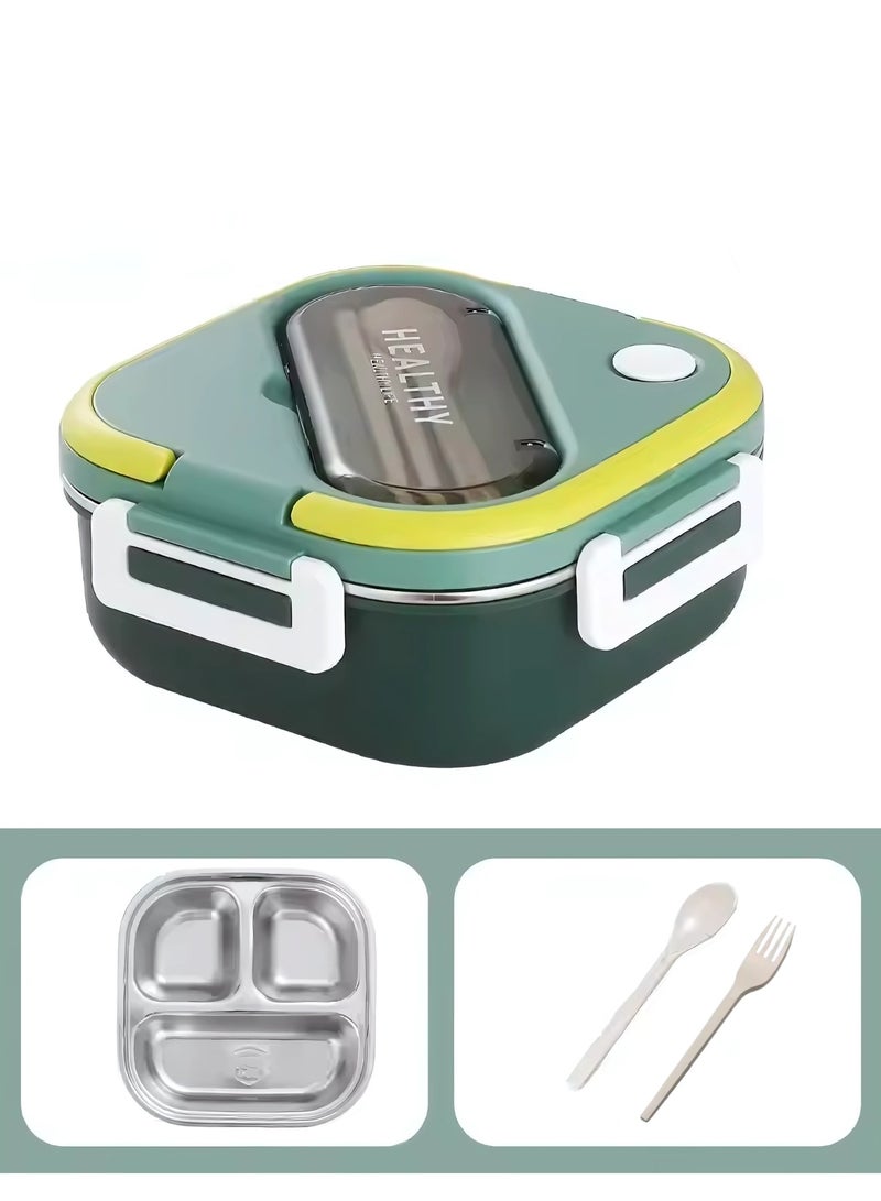 Twisoo Twisoo Stainless Steel Bento Box, Lunch Box with Spoon & Fork, 3 Compartments Carrying Handle Bento Lunch Box for Adults, Children, Students, Bento Lunch Containers for Dining Out, School (Green)  - Image 1