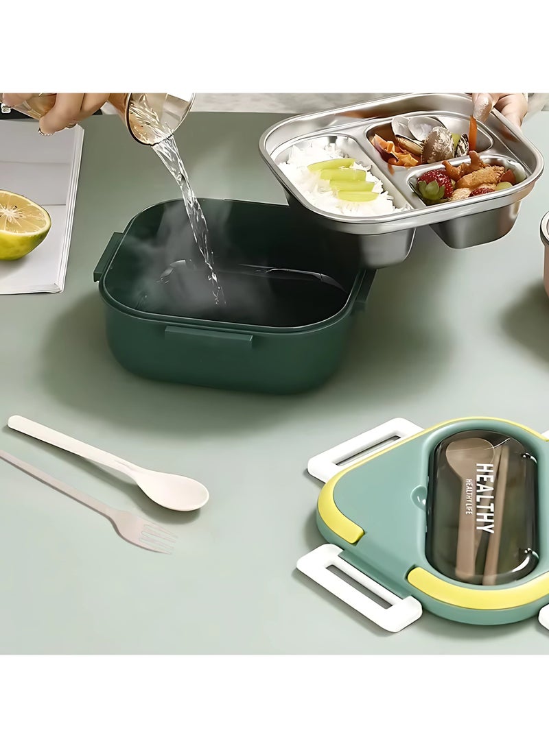 Twisoo Twisoo Stainless Steel Bento Box, Lunch Box with Spoon & Fork, 3 Compartments Carrying Handle Bento Lunch Box for Adults, Children, Students, Bento Lunch Containers for Dining Out, School (Green)  - Image 2