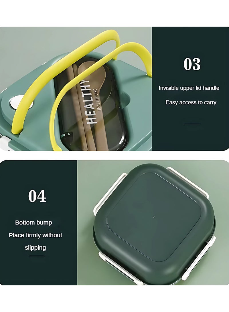Twisoo Twisoo Stainless Steel Bento Box, Lunch Box with Spoon & Fork, 3 Compartments Carrying Handle Bento Lunch Box for Adults, Children, Students, Bento Lunch Containers for Dining Out, School (Green)  - Image 5