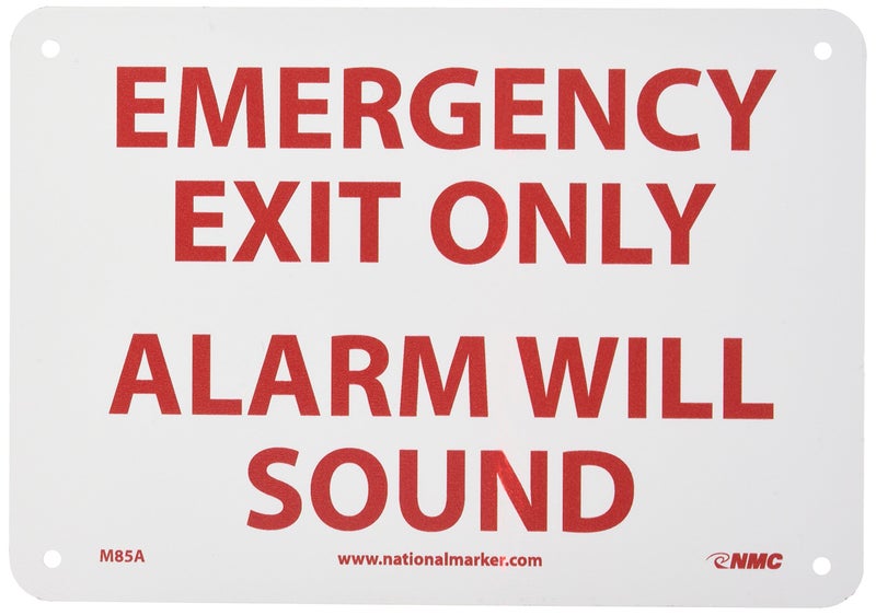 NMC M85A EMERGENCY EXIT ONLY – ALARM WILL SOUND – 10 in. x 7 in. Standard Aluminum Exit Sign with Red Text on White Base - Image 1