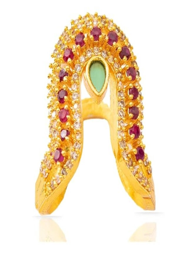ZEELLO Ethnic Gold Plated Crystal V Design Statement Ring – Wedding & Festival Jewellery - Image 1