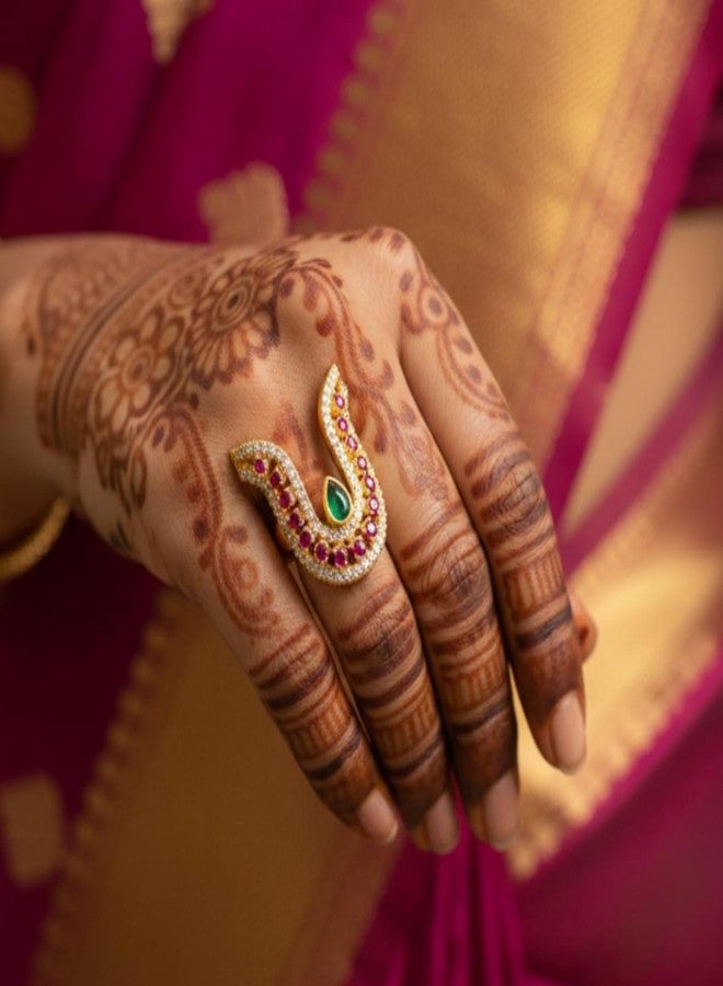 ZEELLO Ethnic Gold Plated Crystal V Design Statement Ring – Wedding & Festival Jewellery - Image 3