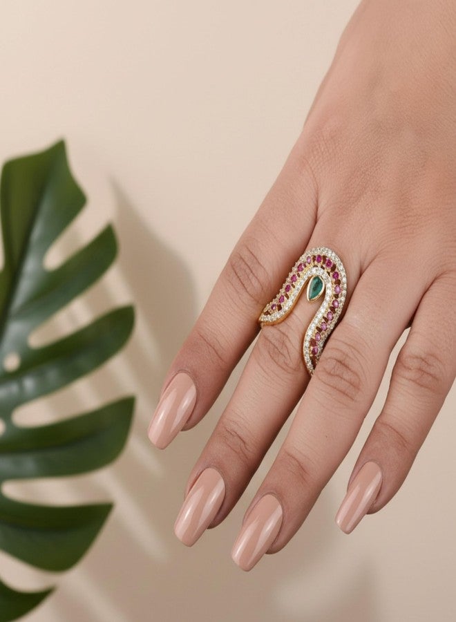 ZEELLO Ethnic Gold Plated Crystal V Design Statement Ring – Wedding & Festival Jewellery - Image 2