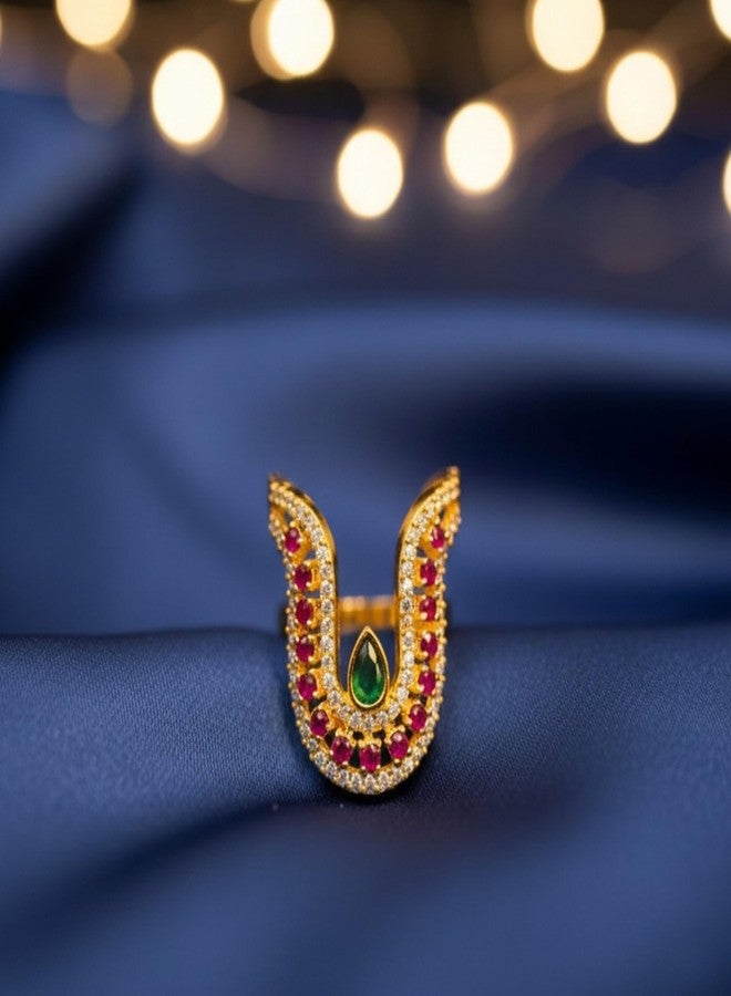 ZEELLO Ethnic Gold Plated Crystal V Design Statement Ring – Wedding & Festival Jewellery - Image 4