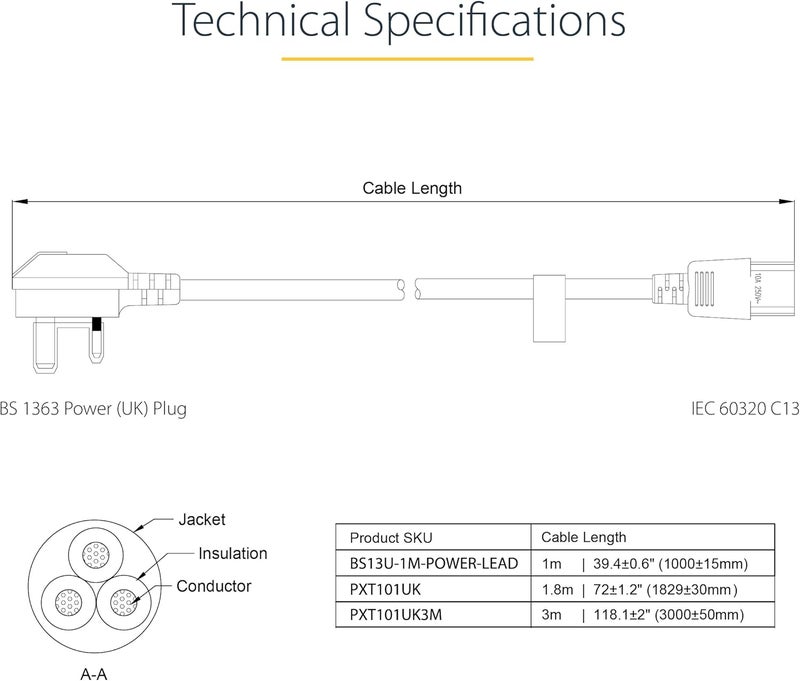 StarTech .com (1.5m) UK Computer Power Cable, 18AWG, BS 1363 to C13, 10A 250V, Black Replacement AC Power Cord, Kettle Lead/UK Power Cord, Power Supply Cable, TV/Monitor Power Cable (PXT101UK1.5M) - Image 3