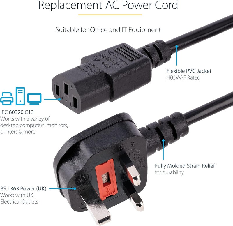 StarTech .com (1.5m) UK Computer Power Cable, 18AWG, BS 1363 to C13, 10A 250V, Black Replacement AC Power Cord, Kettle Lead/UK Power Cord, Power Supply Cable, TV/Monitor Power Cable (PXT101UK1.5M) - Image 2