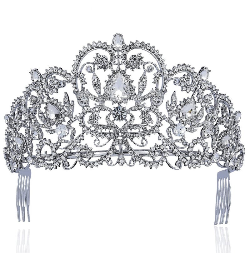Janefashions Victorian Clear White Austrian Rhinestone Crystal Tiara Crown With Hair Combs Princess Queen Headband Headpiece Jewelry Beauty Contest Birthday Bridal Prom Pageant T1505 (Clear) - Image 1
