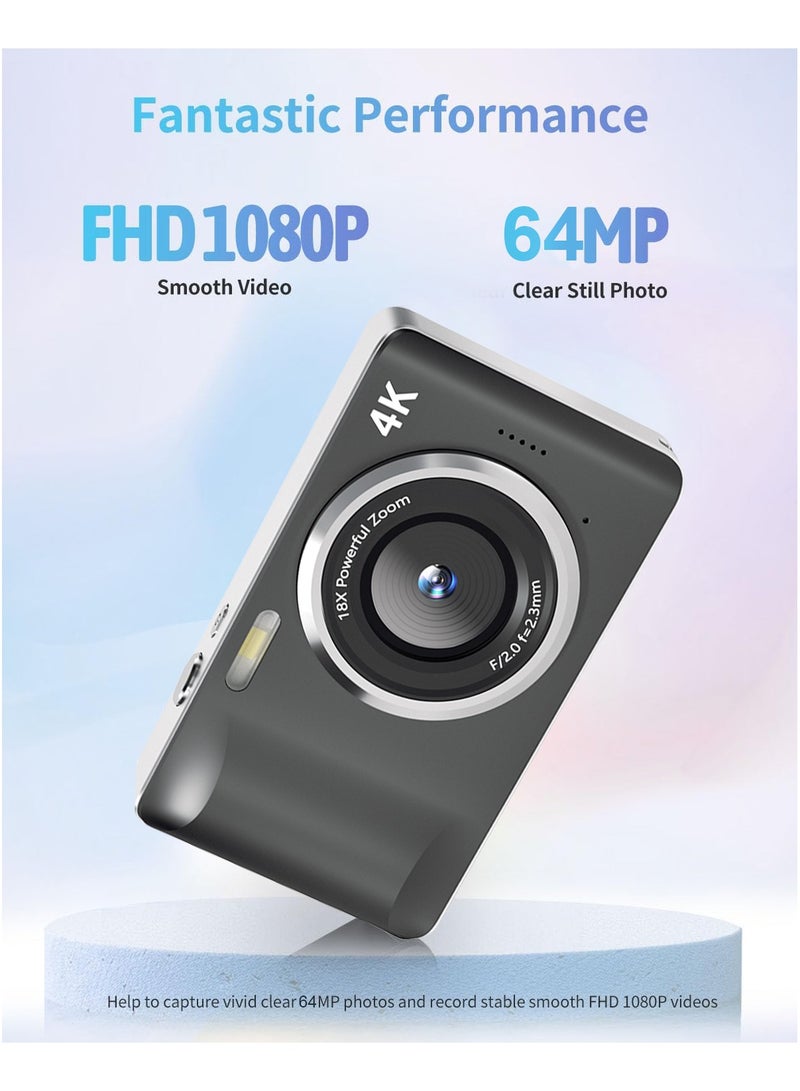 yalilai Digital Camera, 4K 64MP Digital Cameras for Kids, FHD 1080P Digital Point and Shoot Camera with 18X Zoom, Time Stamp, Compact Small Travel Camera for Boys Girls Teens, Black  - Image 2