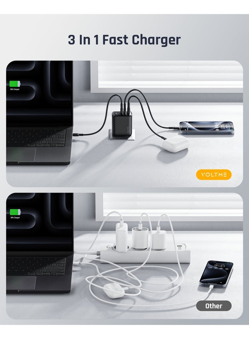 VOLTME 67W 3-Port GaN Fast Type C Charging Block, Compact Foldable Wall Charger, PD Fast Charging Power Adapter for MacBook Pro/Air 13/14 Inch iPhone 17/16/15, Ipad Pro, Galaxy S24, Black - Image 5