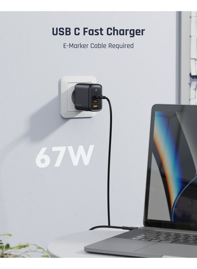 VOLTME 67W 3-Port GaN Fast Type C Charging Block, Compact Foldable Wall Charger, PD Fast Charging Power Adapter for MacBook Pro/Air 13/14 Inch iPhone 17/16/15, Ipad Pro, Galaxy S24, Black - Image 4
