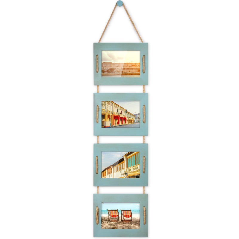 DLQuarts 5x7 Hanging Picture Frames Collage Wall Decor 4Opening 5x7 Matted to 35x5 Photo Rustic Wood Frame with Hemp Rope 1 Pack Ocean Blue