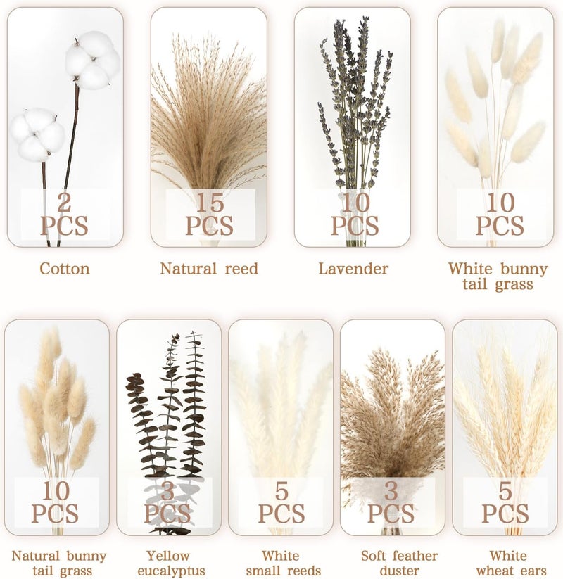 ROROUNE 63pcs Dried Pampas Grass Decor, 17inch Natural Dried Flower Bouquet Contains Bunny Tails Cotton Stems, Real Pampas Grass Bouquet for Wedding Boho Home Table Decor Rustic Party Living Themed Room - Image 2
