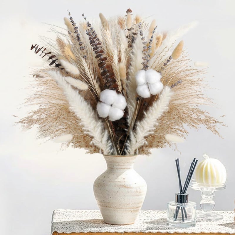 ROROUNE 63pcs Dried Pampas Grass Decor, 17inch Natural Dried Flower Bouquet Contains Bunny Tails Cotton Stems, Real Pampas Grass Bouquet for Wedding Boho Home Table Decor Rustic Party Living Themed Room - Image 1