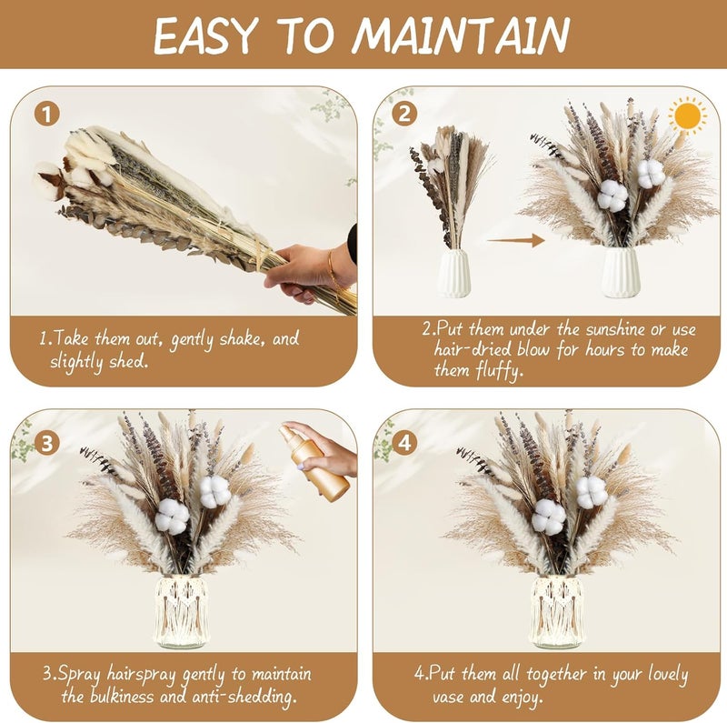 ROROUNE 63pcs Dried Pampas Grass Decor, 17inch Natural Dried Flower Bouquet Contains Bunny Tails Cotton Stems, Real Pampas Grass Bouquet for Wedding Boho Home Table Decor Rustic Party Living Themed Room - Image 5