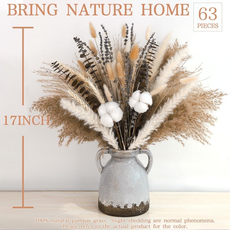 ROROUNE 63pcs Dried Pampas Grass Decor, 17inch Natural Dried Flower Bouquet Contains Bunny Tails Cotton Stems, Real Pampas Grass Bouquet for Wedding Boho Home Table Decor Rustic Party Living Themed Room - Image 3