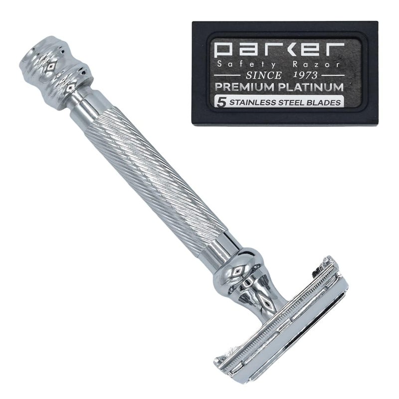 Parker Safety Razor Parker 99R Chrome Long Handle Heavyweight Butterfly Open Double Edge Safety Razor for Men | 5 Parker Premium Platinum Double Edge Razor Blades Included | Iconic Brand - Image 3