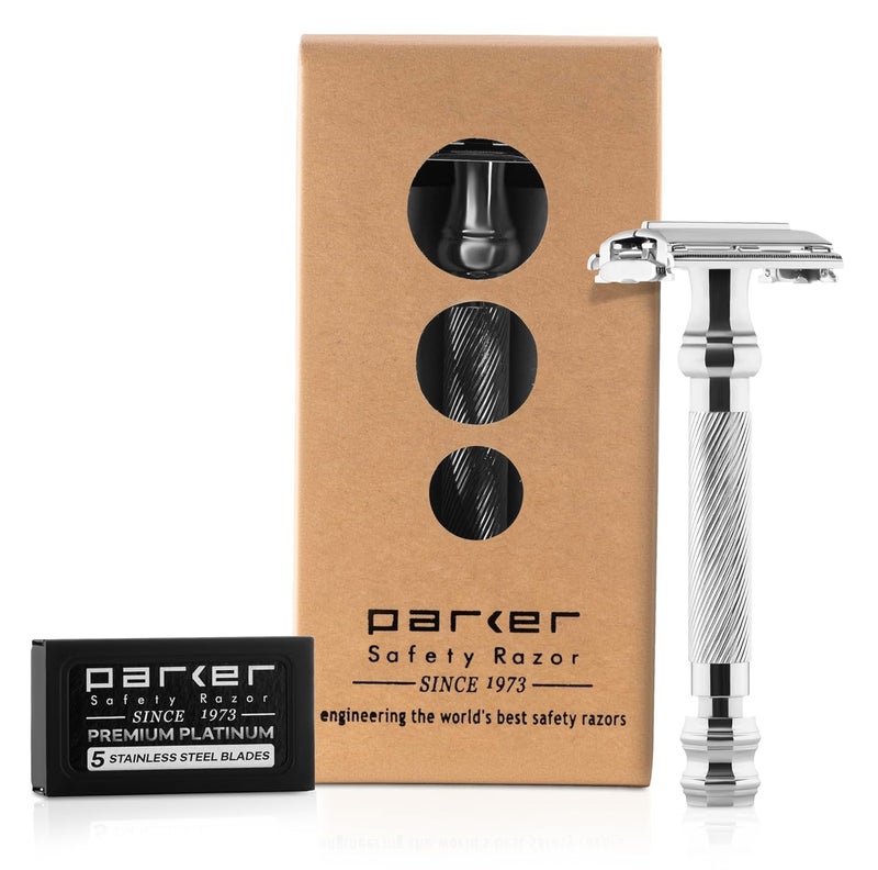 Parker Safety Razor Parker 99R Chrome Long Handle Heavyweight Butterfly Open Double Edge Safety Razor for Men | 5 Parker Premium Platinum Double Edge Razor Blades Included | Iconic Brand - Image 1