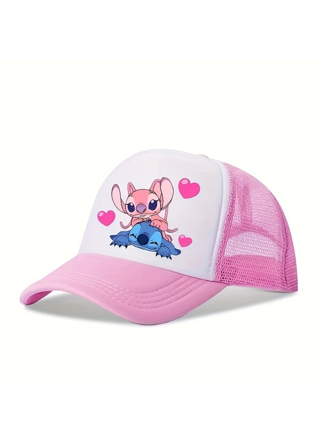 Stitch & Angel Cartoon Mesh Baseball Cap for Kids, Pink & White Adjustable Sun Hat - Image 1
