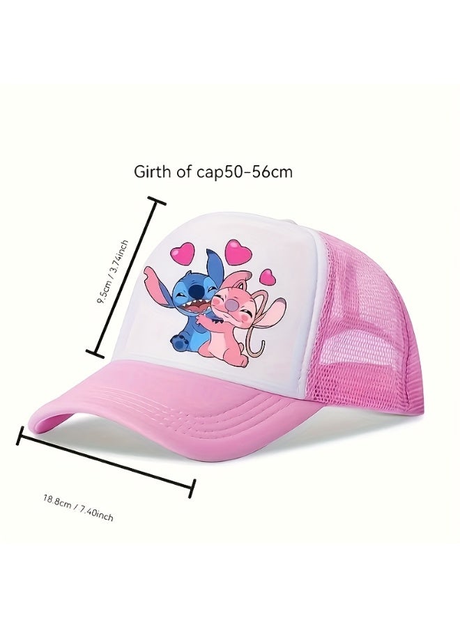 Stitch & Angel Cartoon Mesh Baseball Cap for Kids, Pink & White Adjustable Sun Hat - Image 2