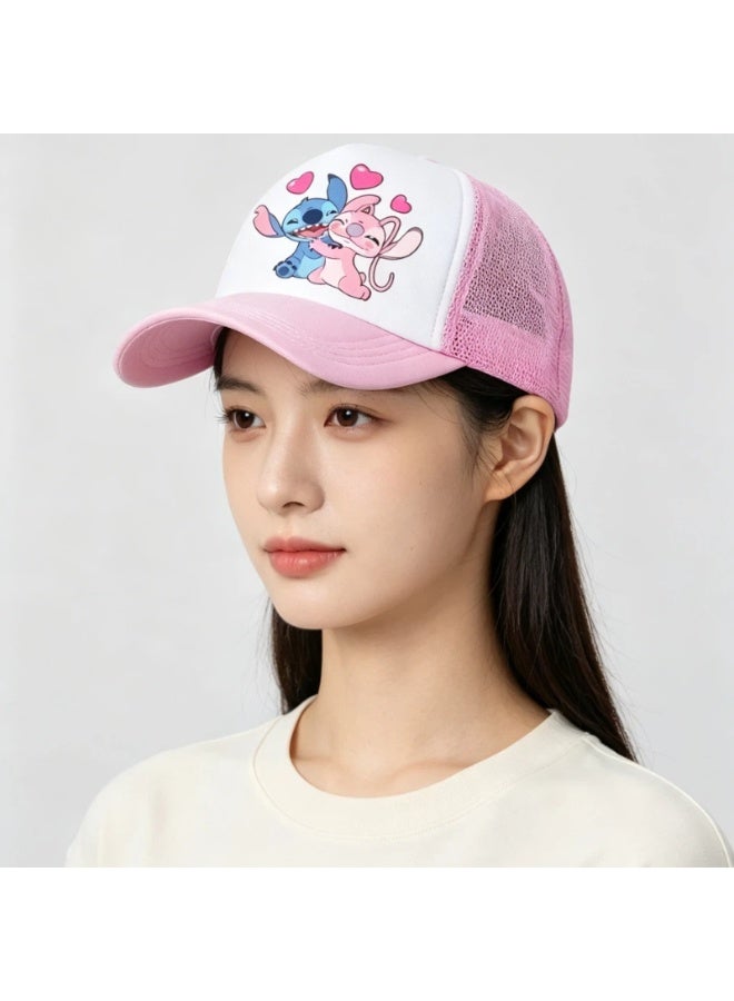 Stitch & Angel Cartoon Mesh Baseball Cap for Kids, Pink & White Adjustable Sun Hat - Image 3