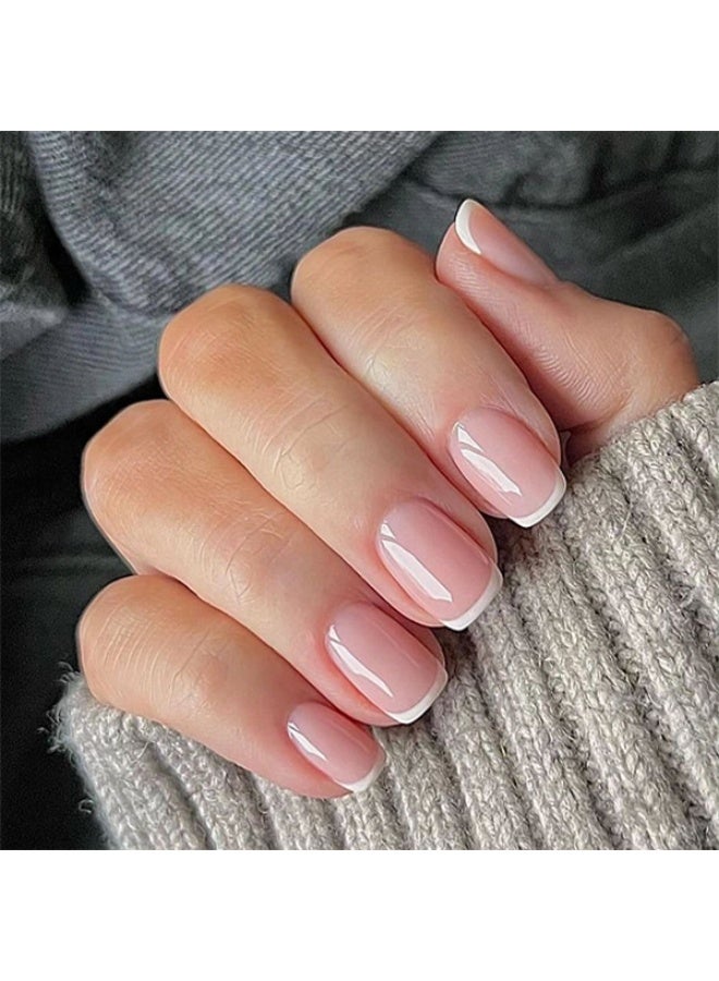 JOSQUEWNN 24pcs Press On False Nails,Short Square-Shaped Pink French Manicure With White Set,Nails For Effortless Style And Sophisticated Look, Acrylic Nails With Glue Kit. - Image 1